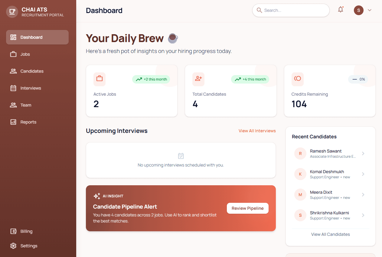 CHAI ATS Dashboard — track active jobs, candidates, and hiring pipeline